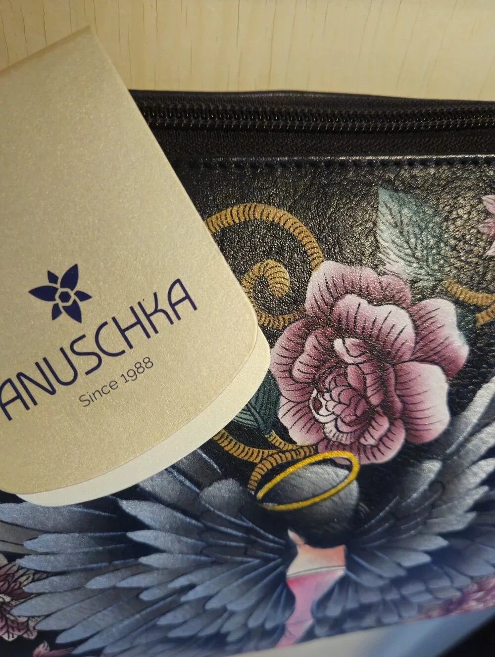 Anuschka Hand Painted Floral Guardian Angel Black and Pink Purse - Picture 10 of 14